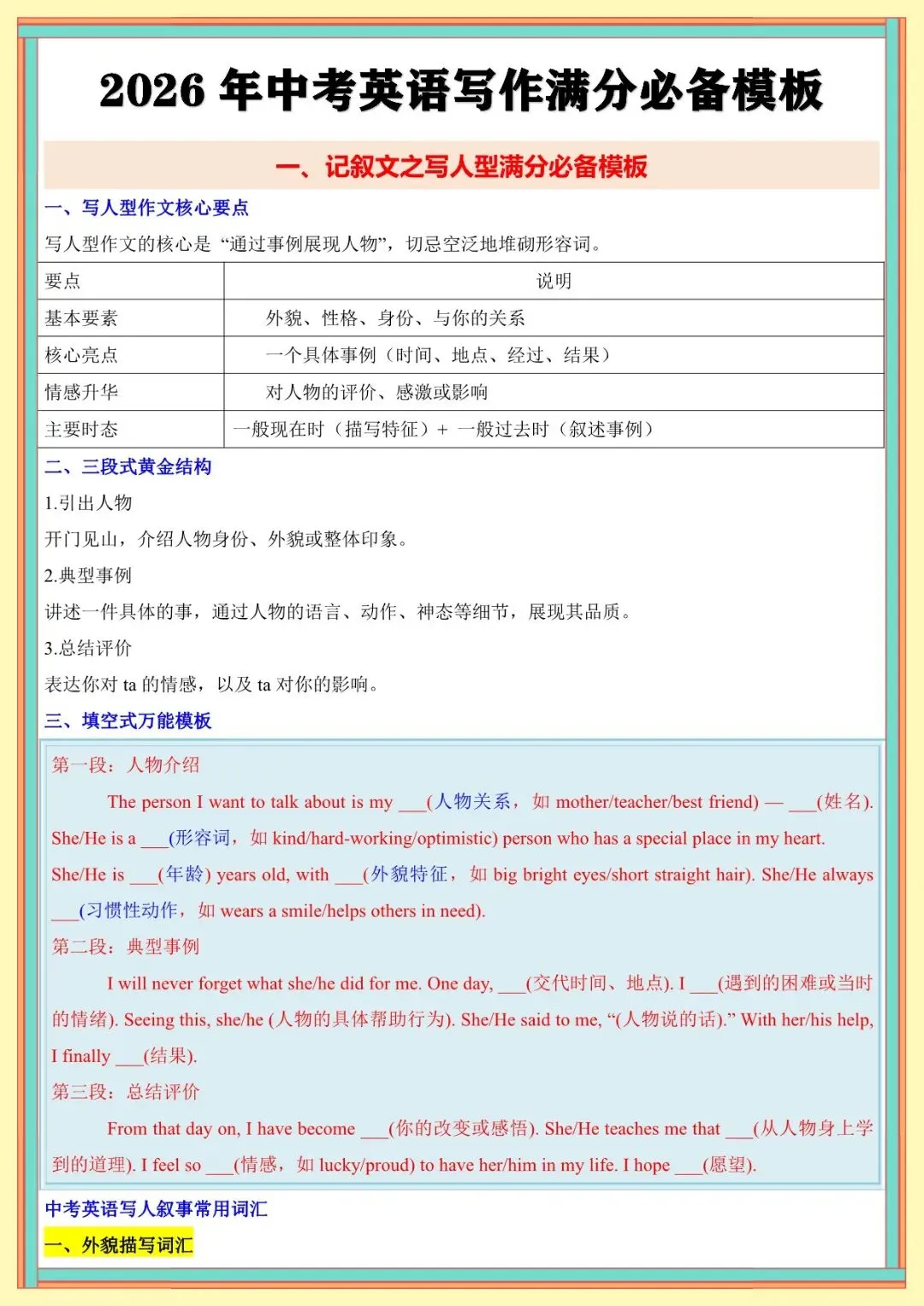2026 春人教版中考英语满分作文高频单词+模板知识点总结(默写版+背诵版)(电子版可打印) 第18张