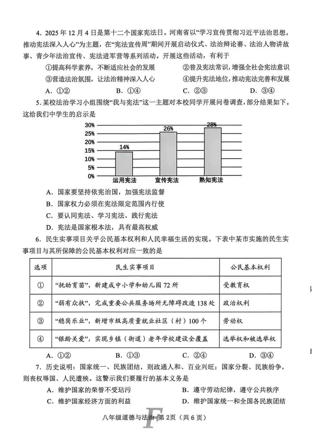 2026春八年级道法下册期中试卷 第2张
