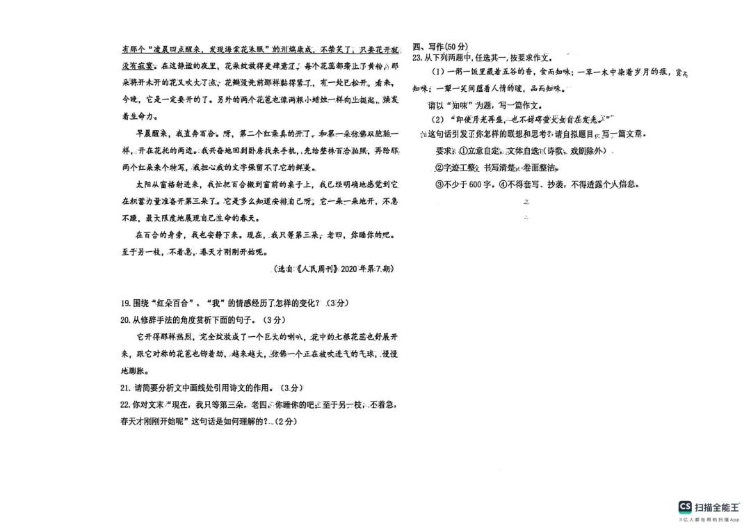 辽河中学年度第二学期七年级期中考试语文试卷 第6张