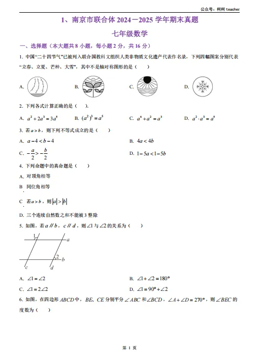 南京七下数学往年期末真题汇编 第3张 南京七下数学往年期末真题汇编 第3张
