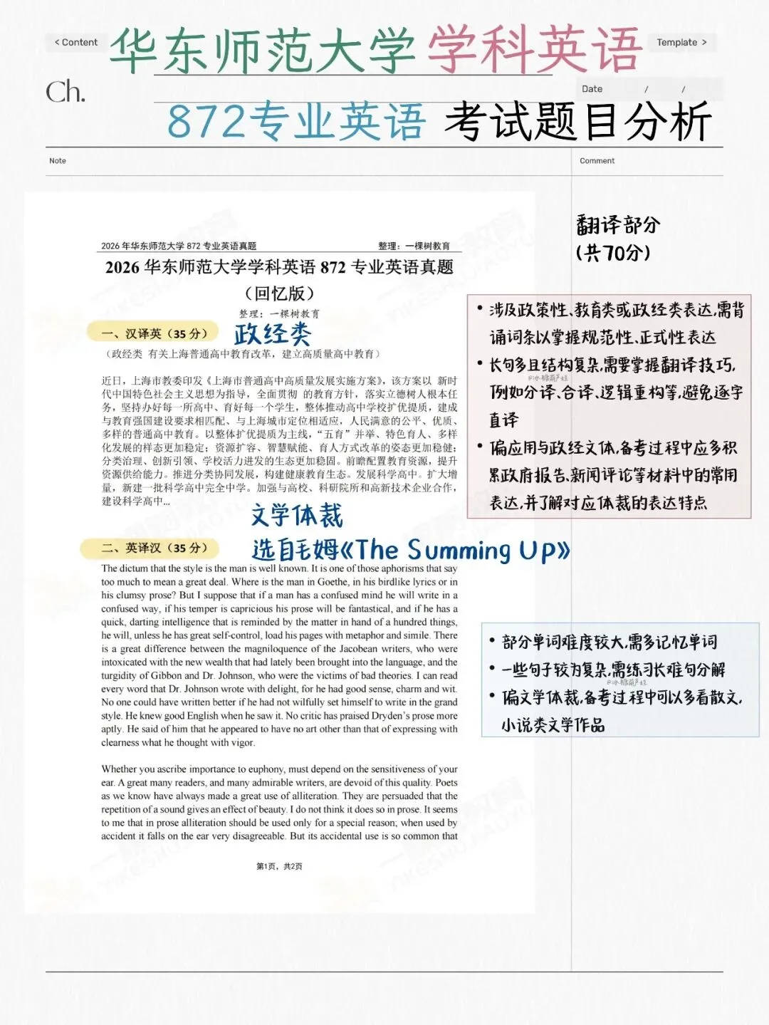 华东师范大学学科英语872专业英语26真题考情分析 第1张