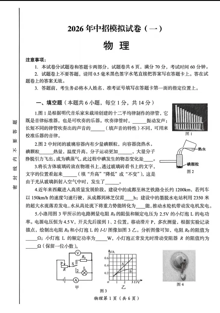 2026年洛阳市一模物理试卷 第1张
