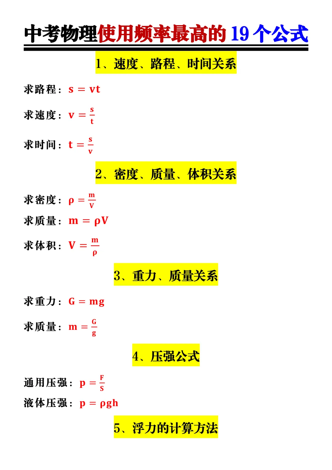 中考物理使用频率最高的19个公式!吃透公式用法,轻松稳住物理基础分值! 第3张