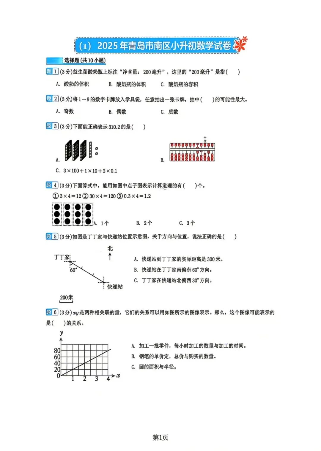 2025市南小升初数学试卷 第1张