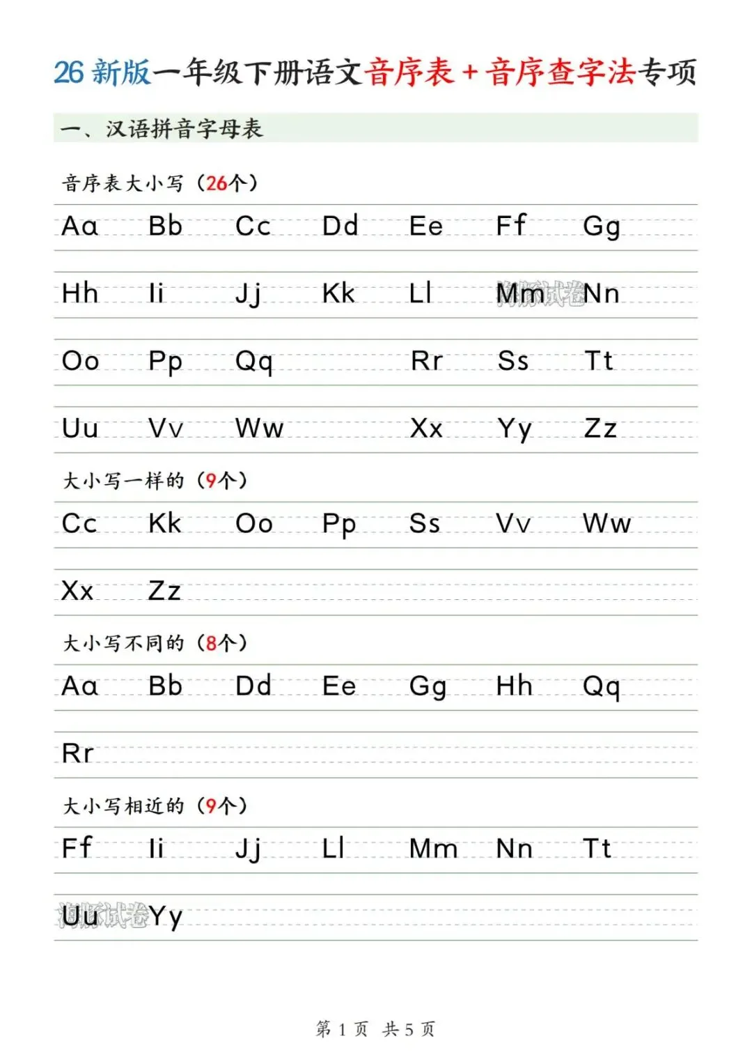 【海豚试卷】一年级(下)语文音序表+音序查字法专项(可收藏打印) 第3张