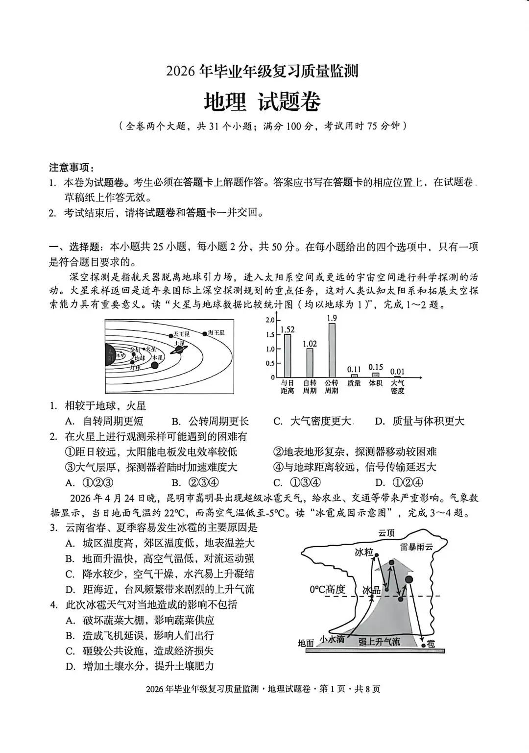 试卷资源‖2026年昆明盘龙区毕业年级复习质量监测地理试卷 第1张