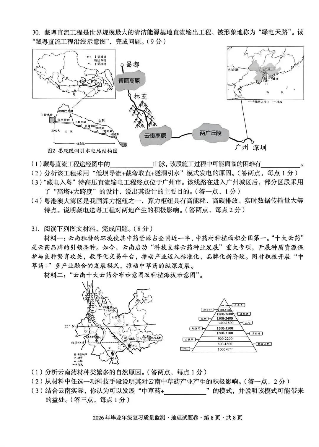 试卷资源‖2026年昆明盘龙区毕业年级复习质量监测地理试卷 第8张