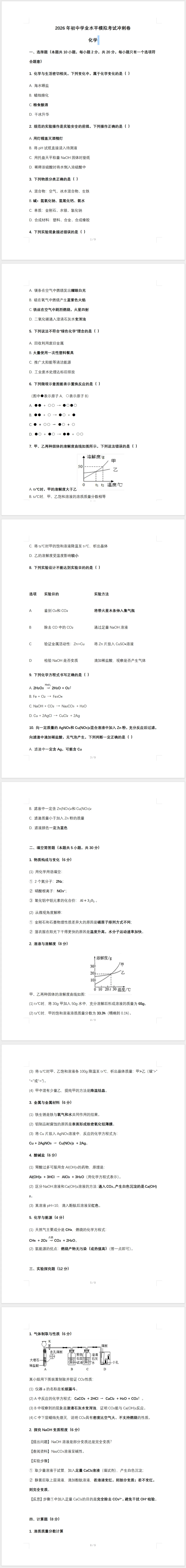2026年中考化学模拟考试冲刺卷(含答案) 第1张