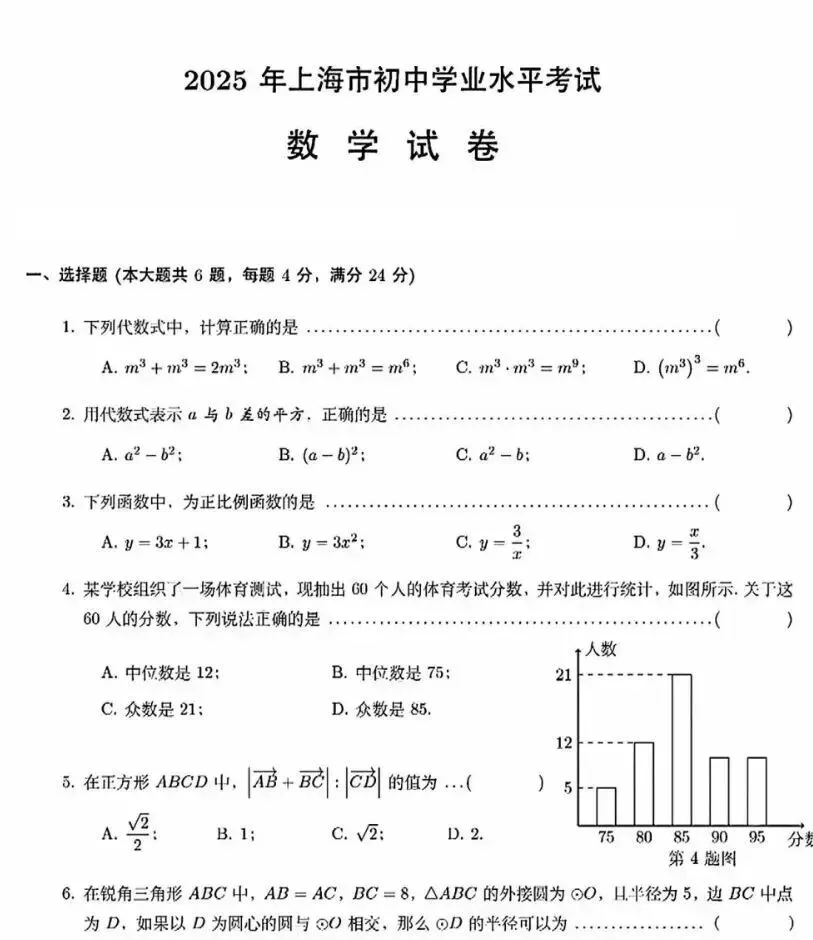 2025年上海市中考全科真题(word版pdf版)免费下载打印 第6张