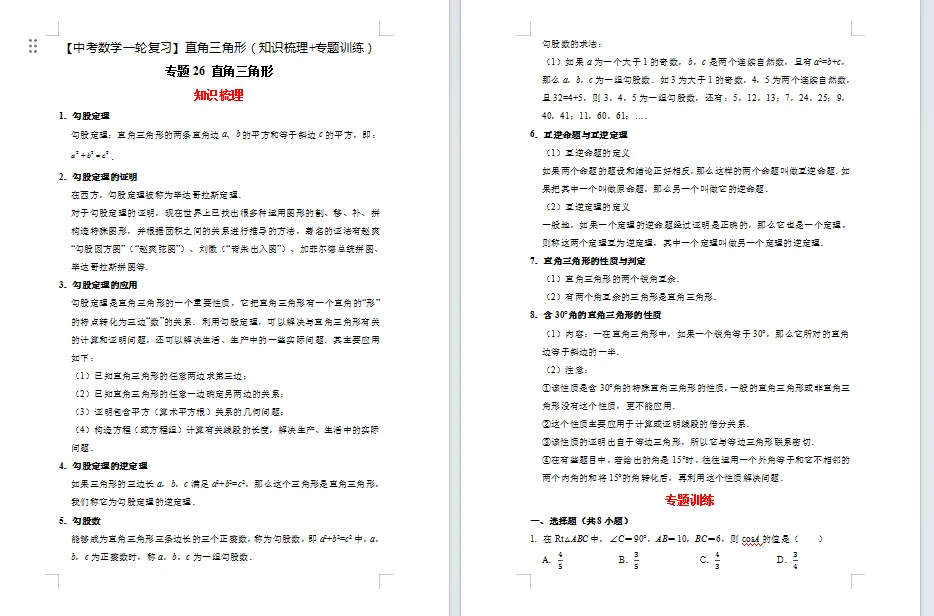 【中考数学一轮复习】直角三角形(知识梳理+专题训练)22页 第1张