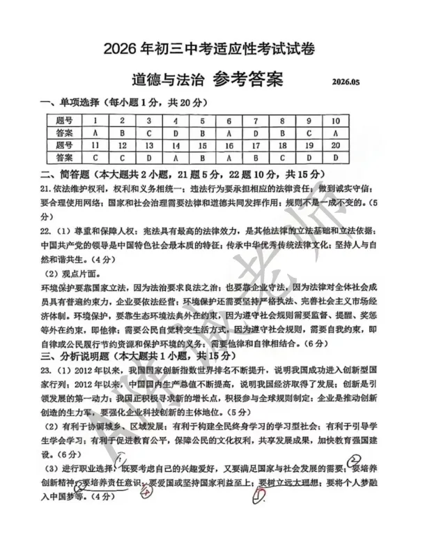 2026昆太常张四市初三道法一模试卷难度分析 第3张