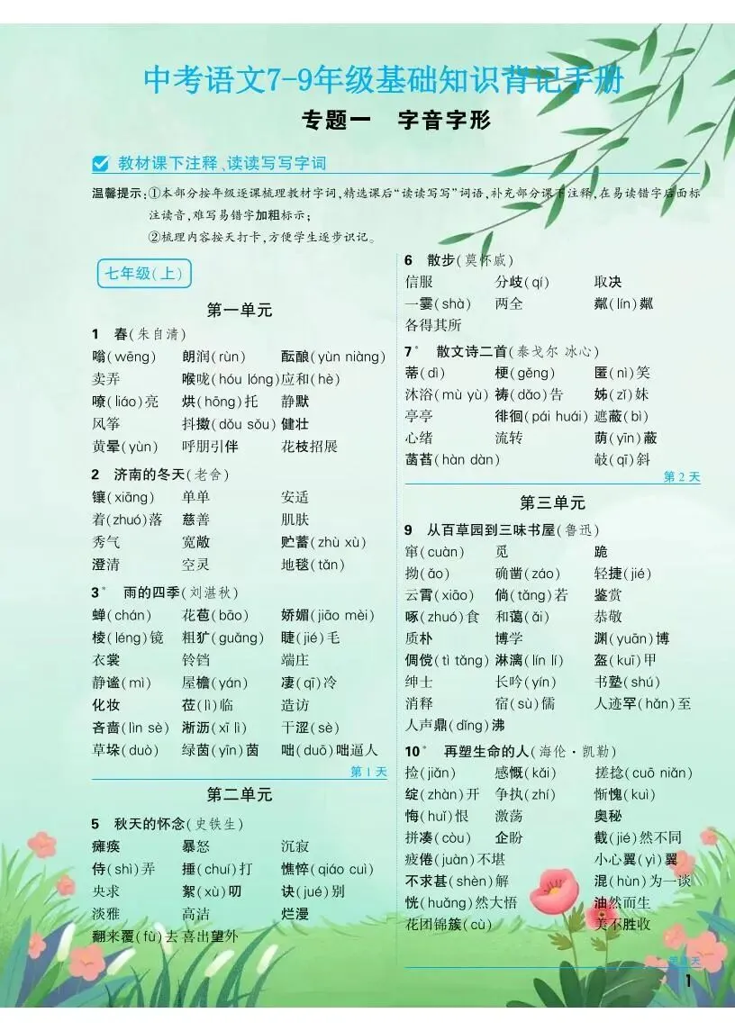 中考语文|2026 年中考语文7-9年级基础知识背记表,电子打印版! 第3张
