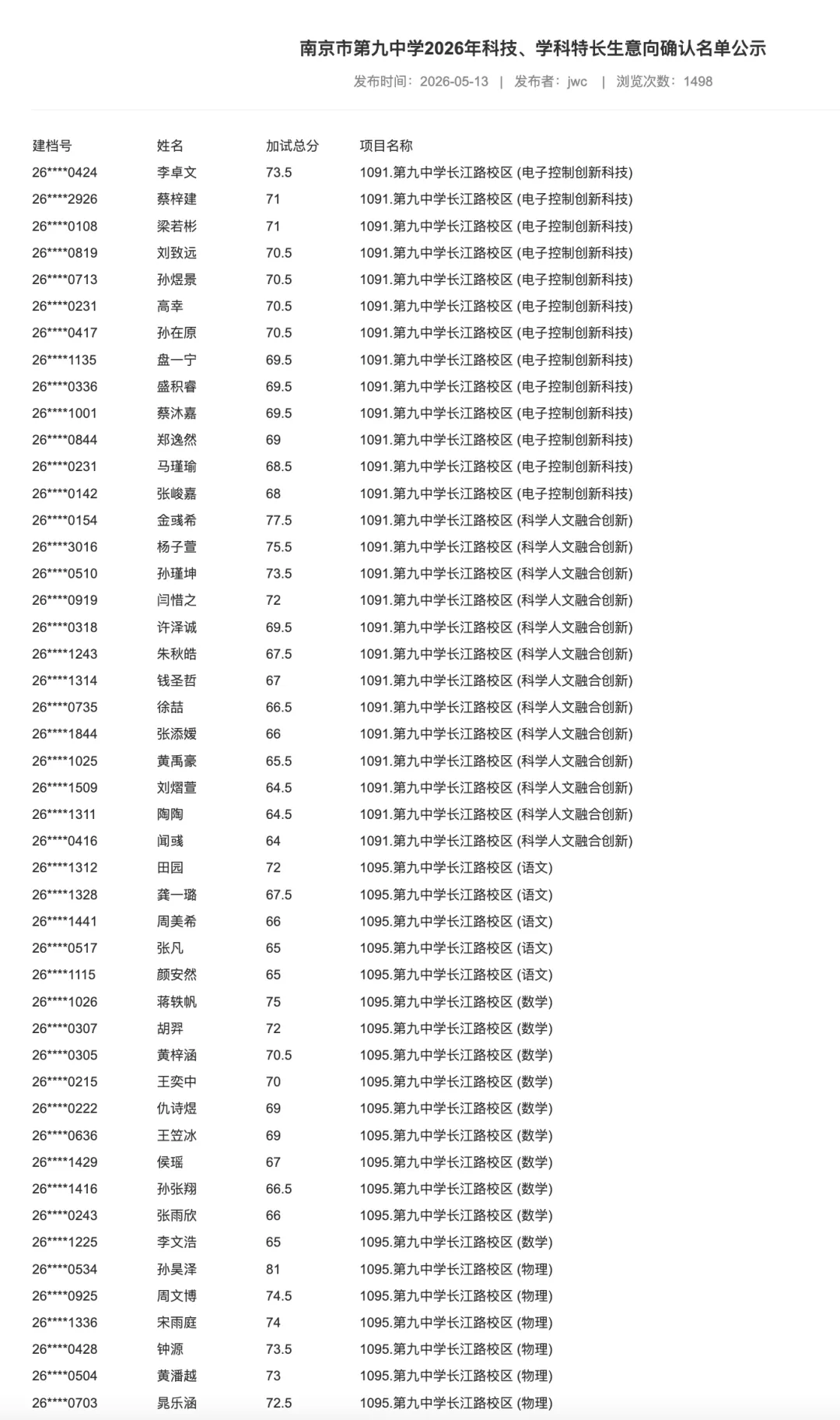 2026南京中考特长生名单汇总! 第29张