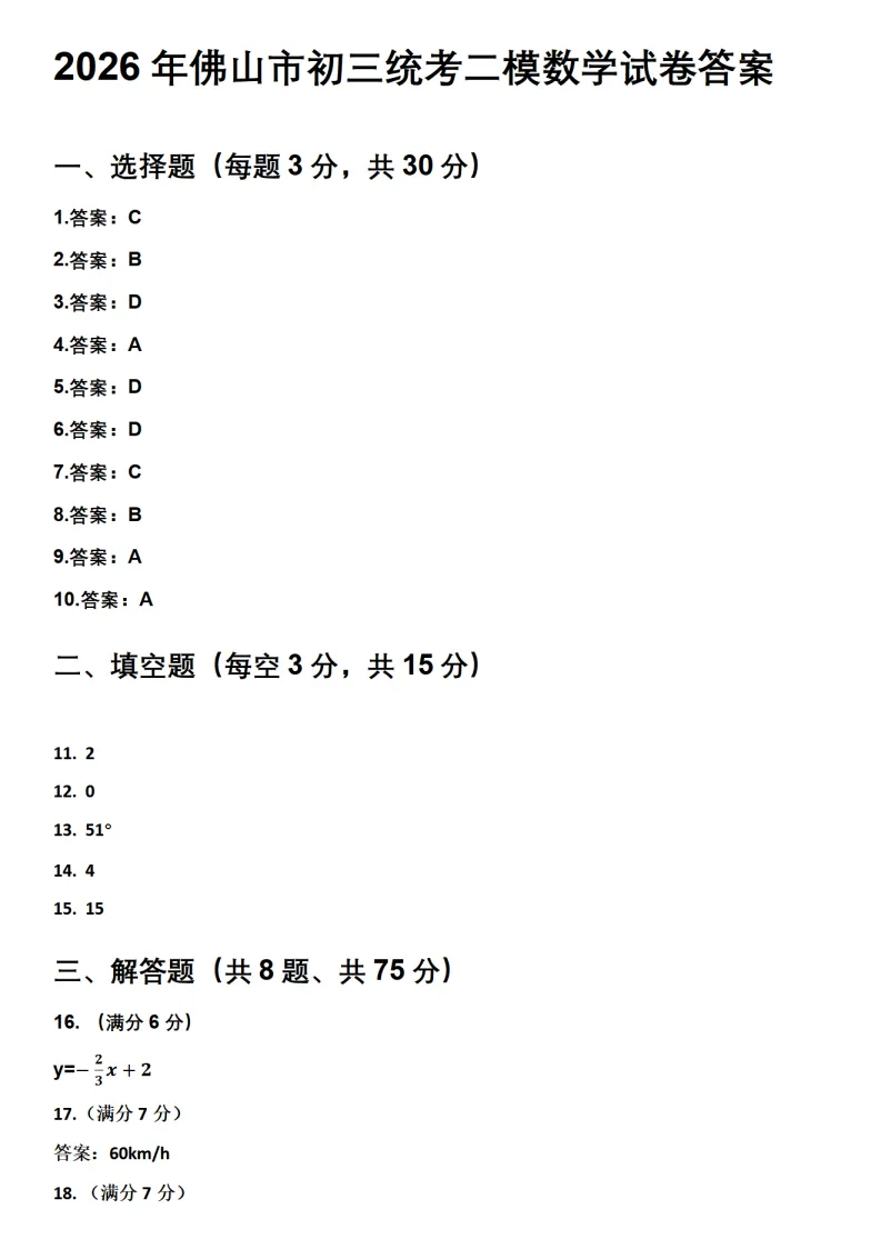 数学好难?来看看试卷分析!2026佛山中考二模试卷+答案已更新! 第12张