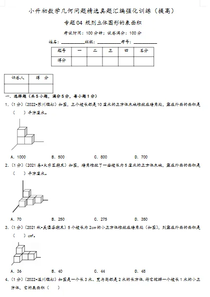 小升初六年级下册数学【几何问题:精选真题强化训练(8个专题)】专题4:规则立体图形的表面积 第2张