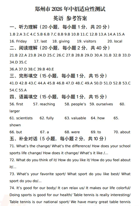 郑州市2026年中考适应性测试 英语试卷及答案 第14张