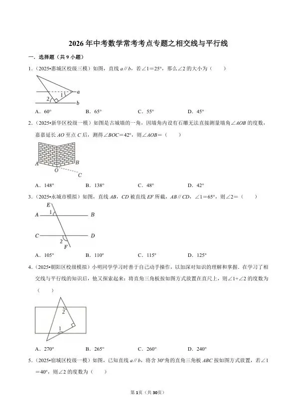 2026年数学中考数学常考考点必考题型之相交线与平行线(5大考点+知识点汇总)(电子高清PDF可打印) 第2张