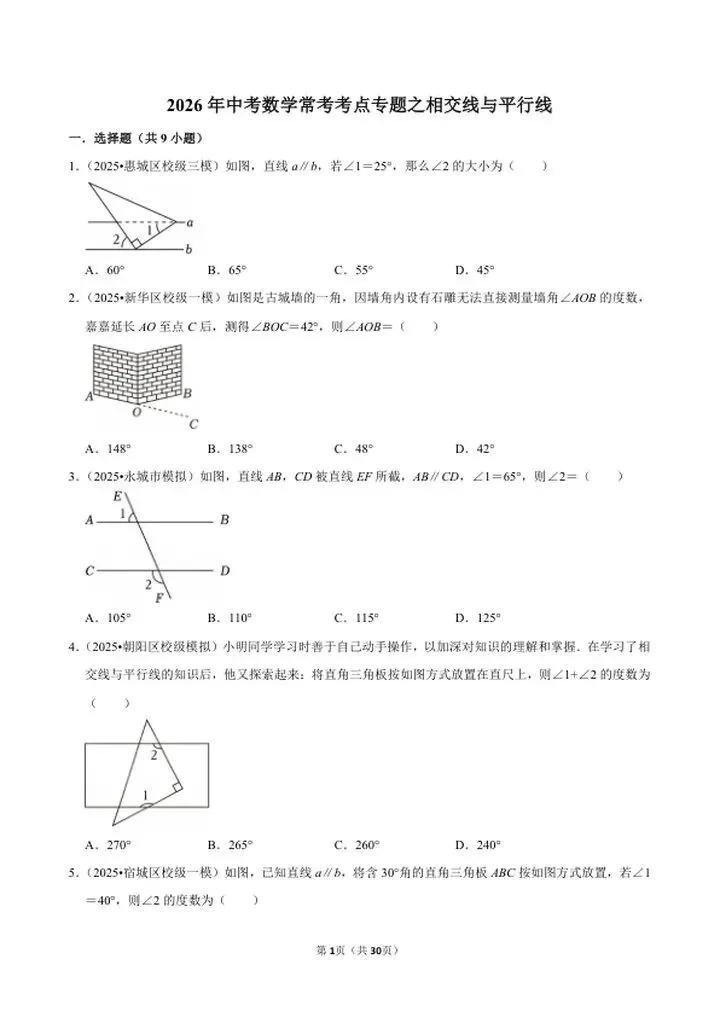 2026年数学中考数学常考考点必考题型之相交线与平行线(5大考点+知识点汇总)(电子高清PDF可打印) 第3张