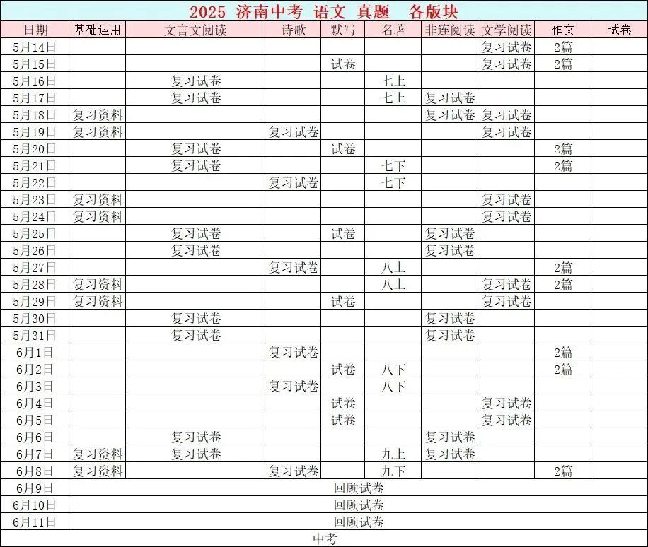 济南中考倒计时30天|初三语文每日学习规划表 第2张