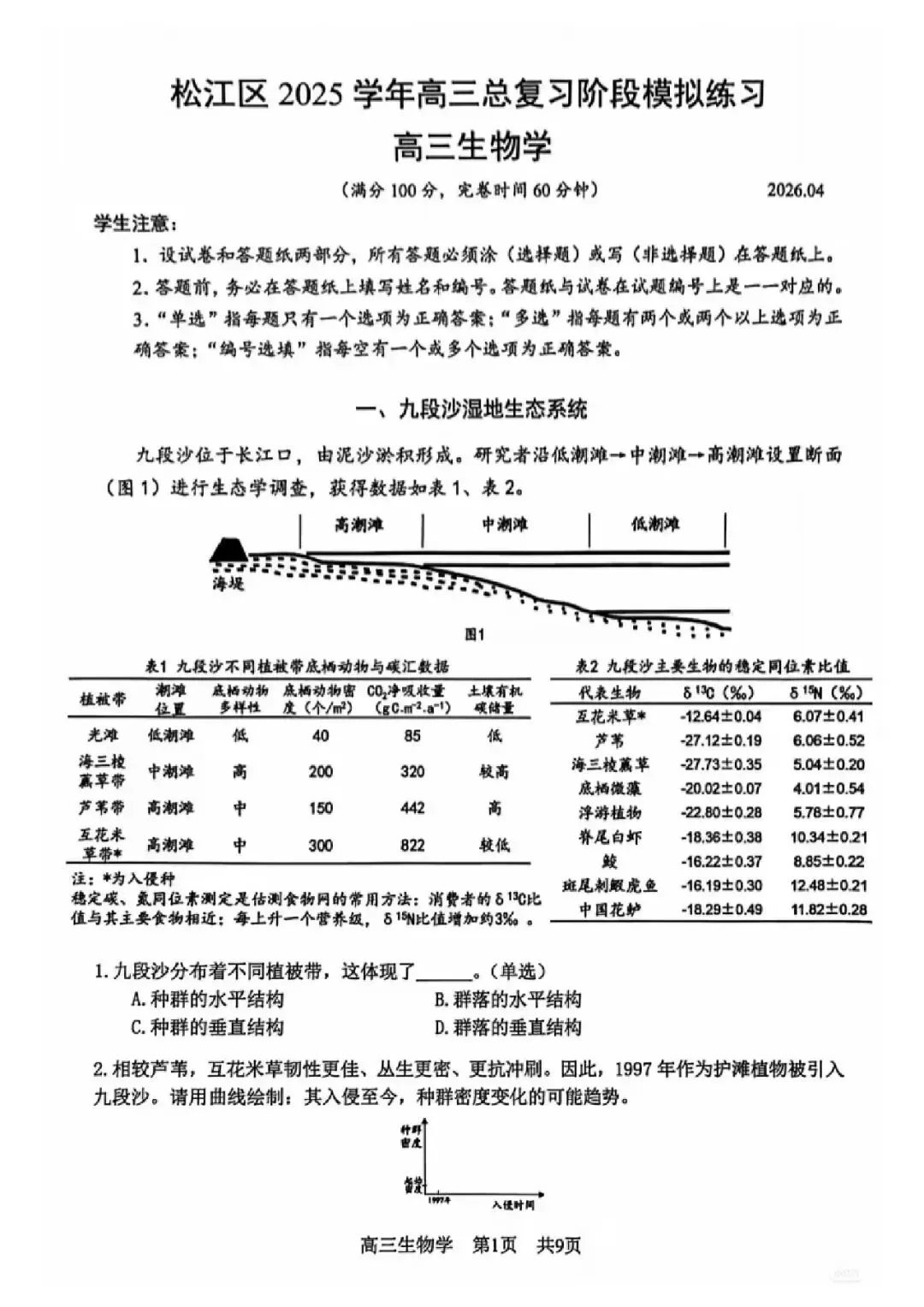 2026届松江区高三二模生物试卷 第1张