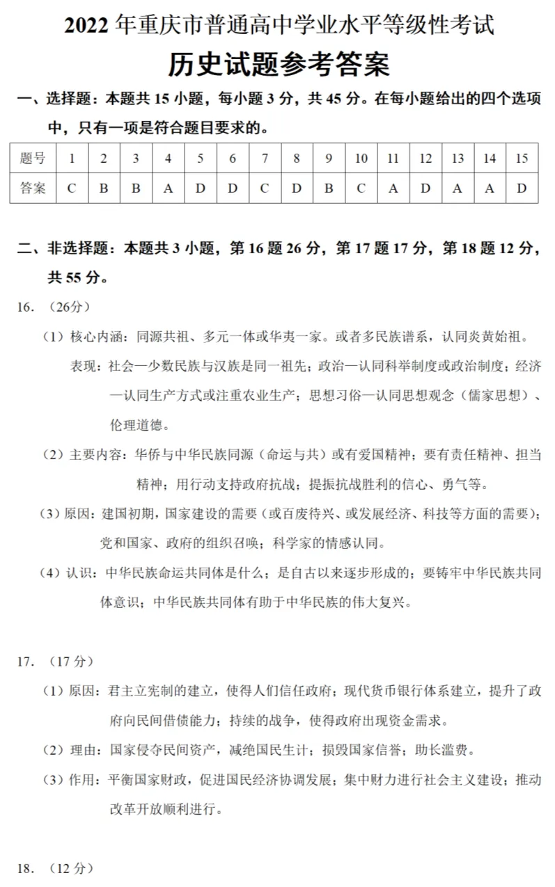 高考真题|2022年高考重庆卷历史试题和答案 第8张