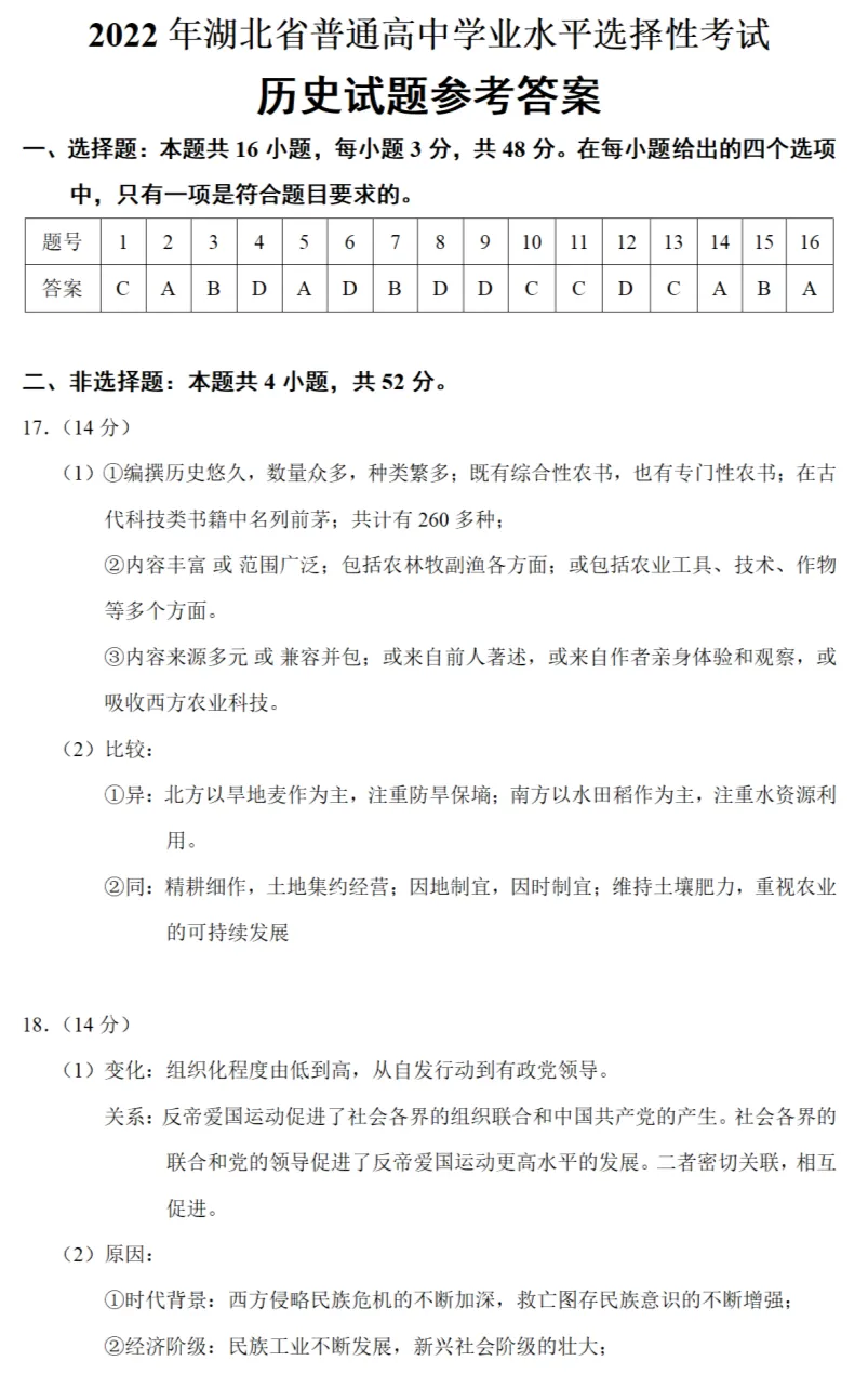 高考真题|2022年高考湖北卷历史试题和答案 第10张