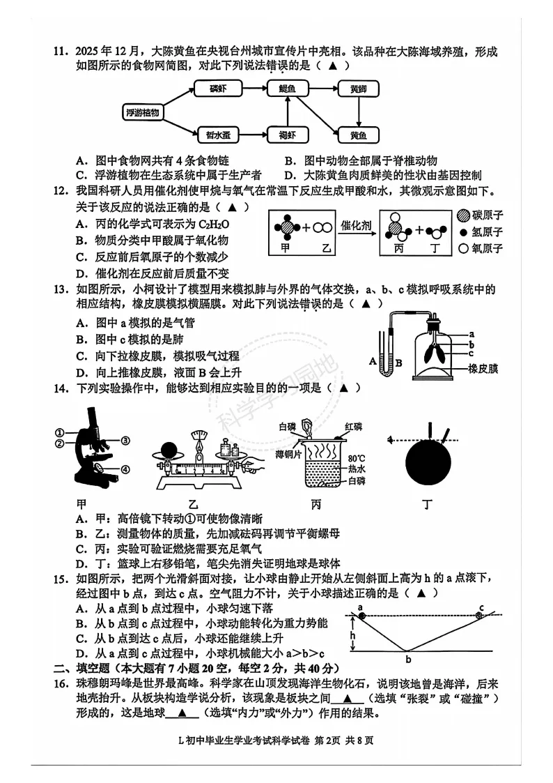 2026年5月温州市龙湾区中考二模科学试题和答案 第2张