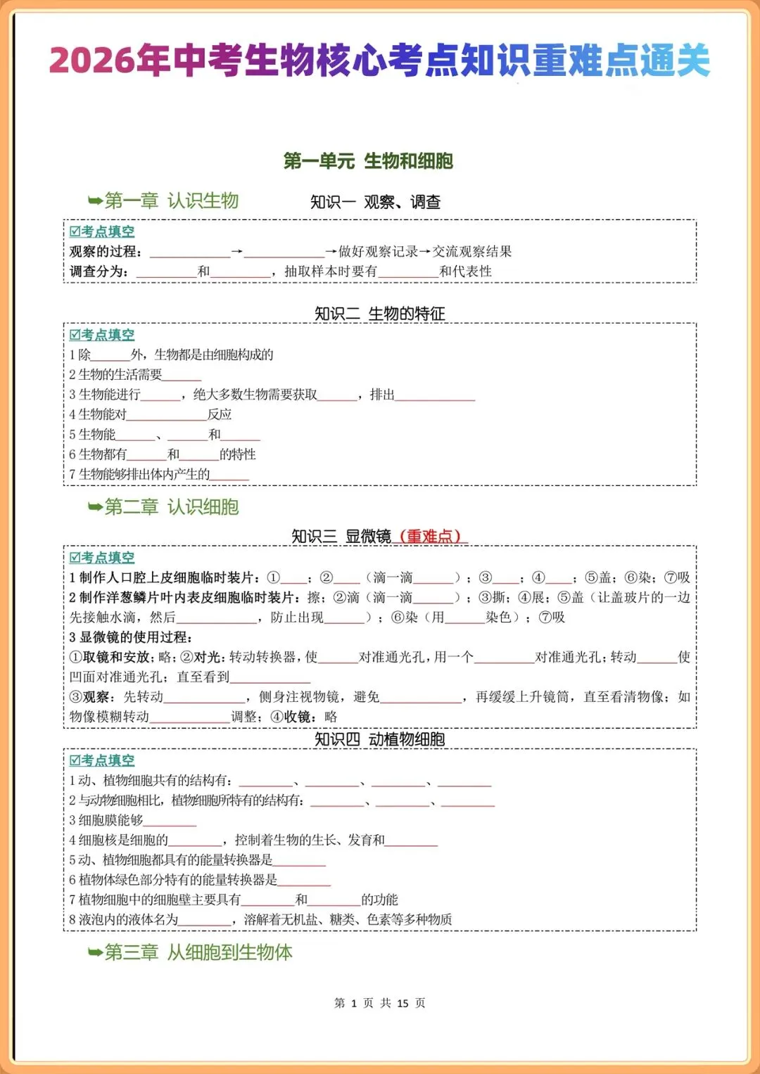2026年中考生物核心知识考点重难点(背诵版+默写版),电子版可打印! 第1张