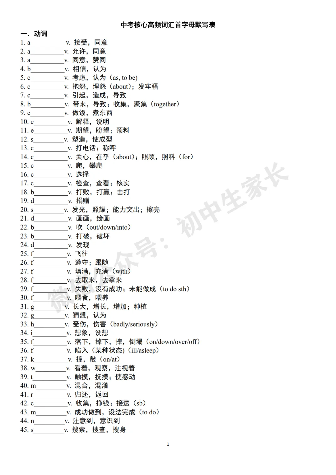 2026中考英语高频词首字母默写及短语默写表(附答案,可打印) 第2张