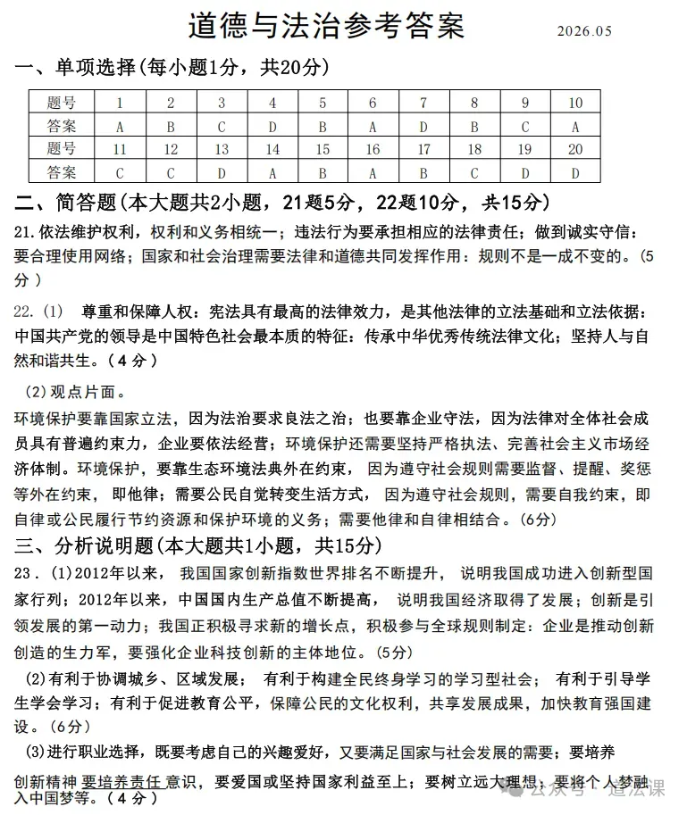 2026年5月江苏初中毕业考试道德与法治模拟试卷+答案 (2026.5) 第8张