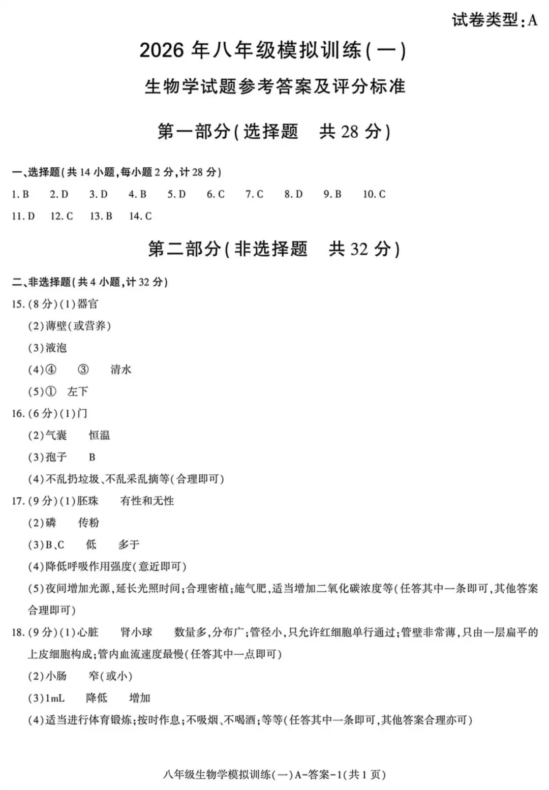 2026陕西初中学业水平考试生物模拟试卷 (含答案)-第8张图片-四季读书网