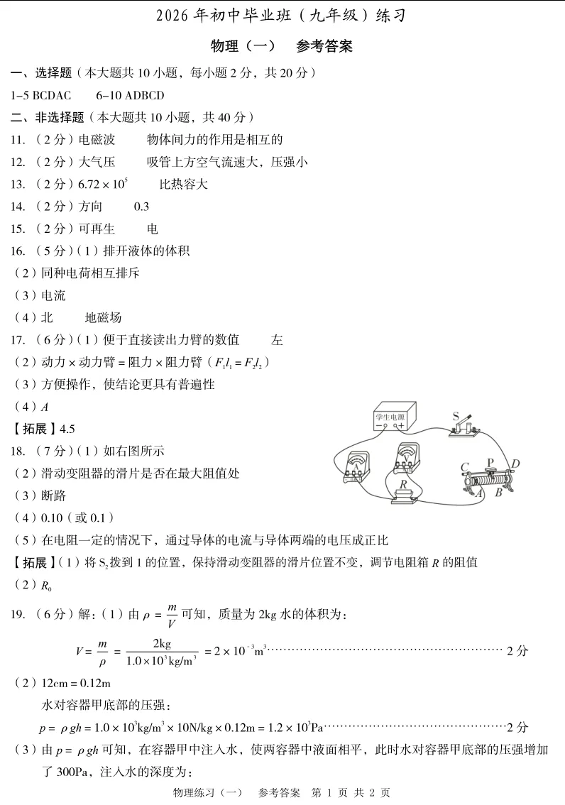 中考物理 | 2026河北省名校中考模拟练习一含答案 第12张