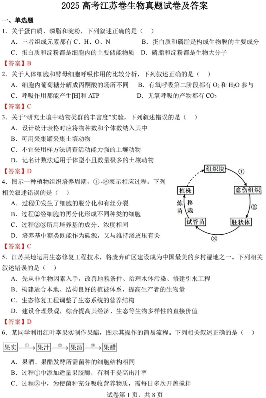 2025年江苏省高考生物学真题文字版和答案(附官方版下载) ⊙ 第24张
