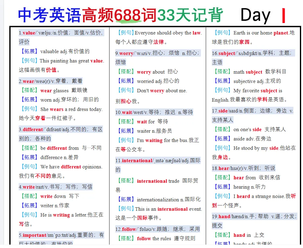 2026年中考英语高频词汇688词PDF电子版下载(含背诵版和默写版带例句) 第3张 2026年中考英语高频词汇688词PDF电子版下载(含背诵版和默写版带例句) 第3张