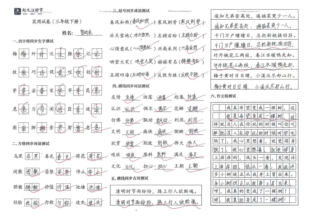 【赵九江好字】学员优秀实用试卷展示——二、三年级 第45张 【赵九江好字】学员优秀实用试卷展示——二、三年级 第45张