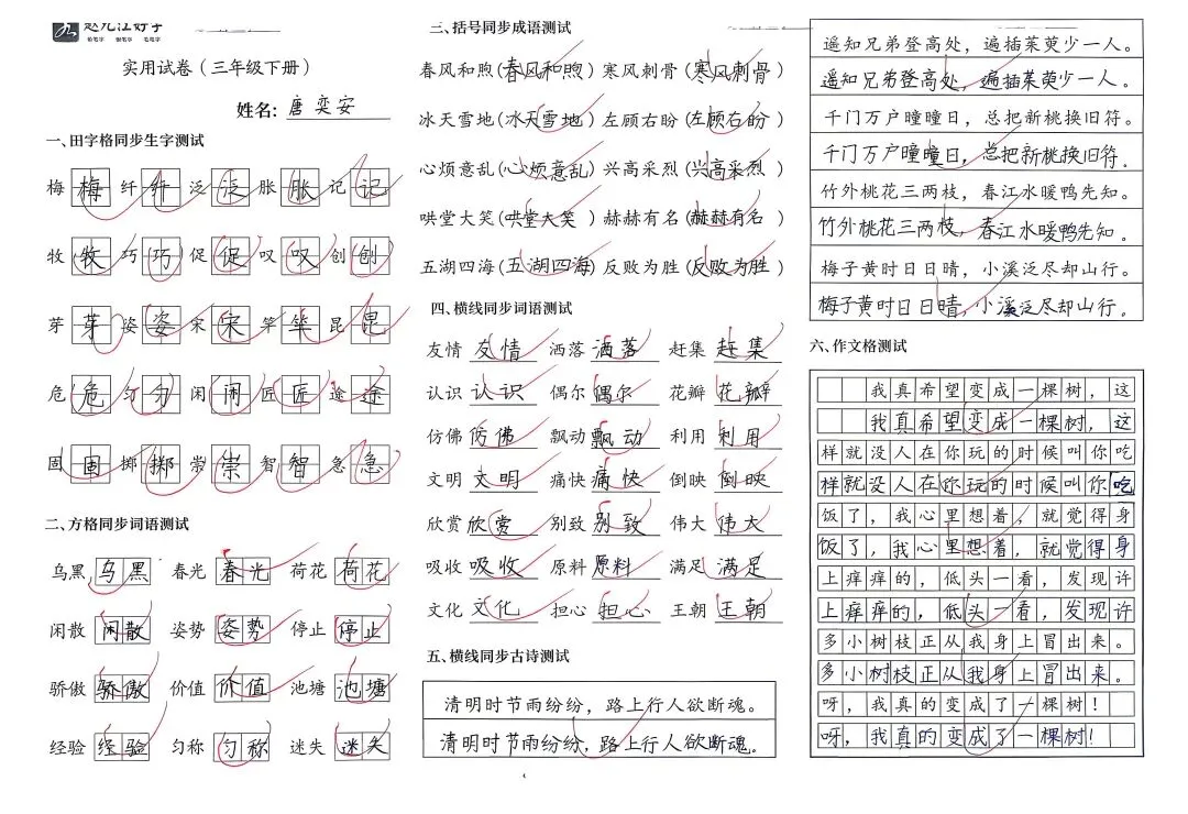 【赵九江好字】学员优秀实用试卷展示——二、三年级 第48张 【赵九江好字】学员优秀实用试卷展示——二、三年级 第48张