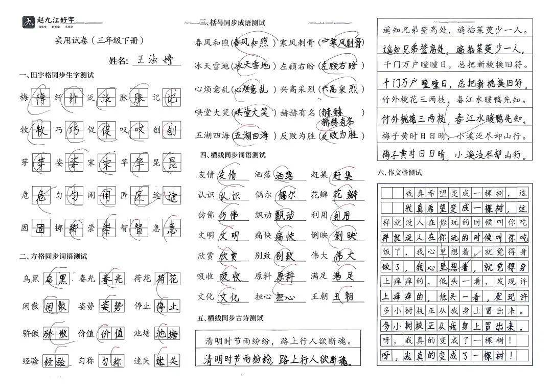 【赵九江好字】学员优秀实用试卷展示——二、三年级 第49张 【赵九江好字】学员优秀实用试卷展示——二、三年级 第49张