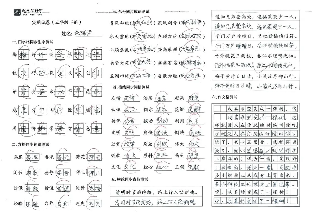 【赵九江好字】学员优秀实用试卷展示——二、三年级 第51张 【赵九江好字】学员优秀实用试卷展示——二、三年级 第51张