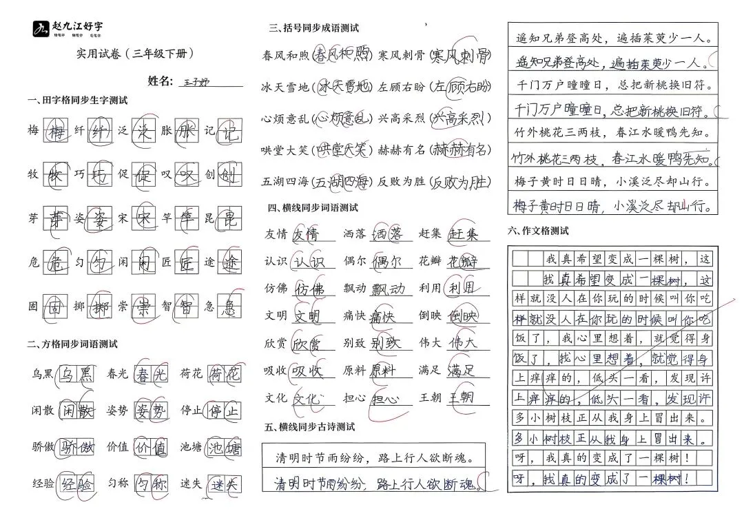 【赵九江好字】学员优秀实用试卷展示——二、三年级 第53张 【赵九江好字】学员优秀实用试卷展示——二、三年级 第53张