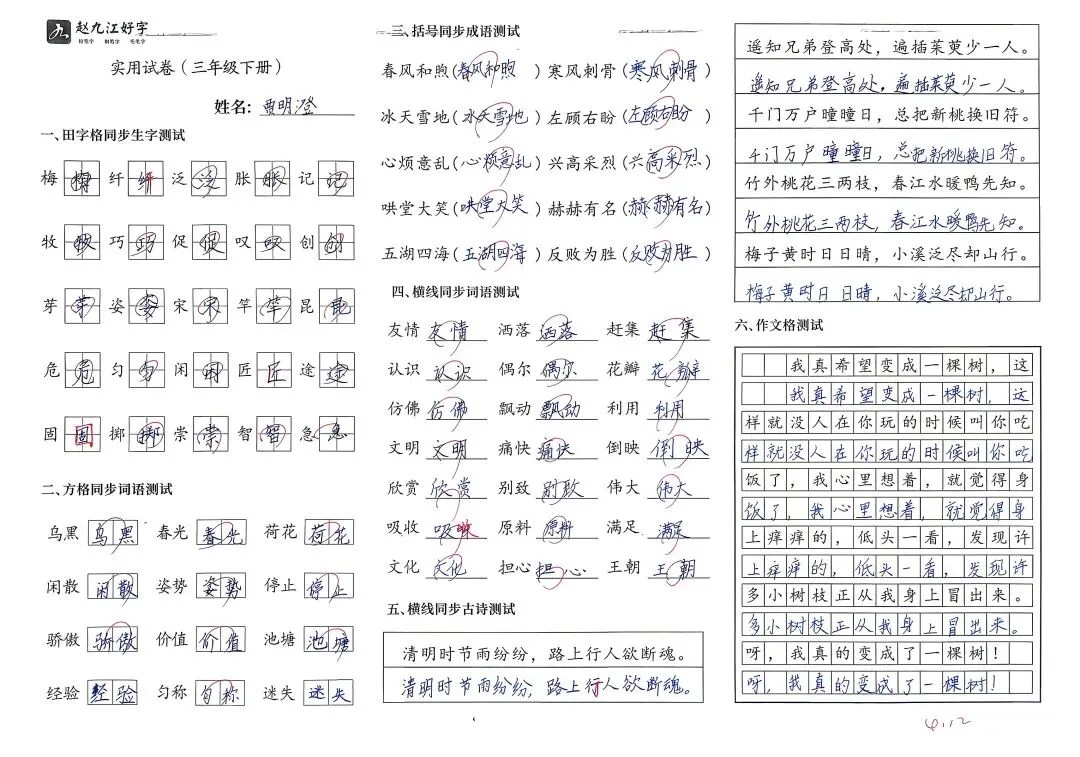 【赵九江好字】学员优秀实用试卷展示——二、三年级 第69张 【赵九江好字】学员优秀实用试卷展示——二、三年级 第69张