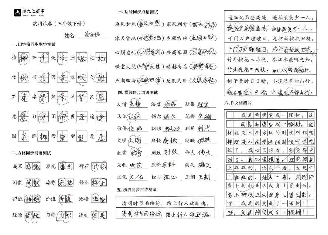 【赵九江好字】学员优秀实用试卷展示——二、三年级 第75张 【赵九江好字】学员优秀实用试卷展示——二、三年级 第75张
