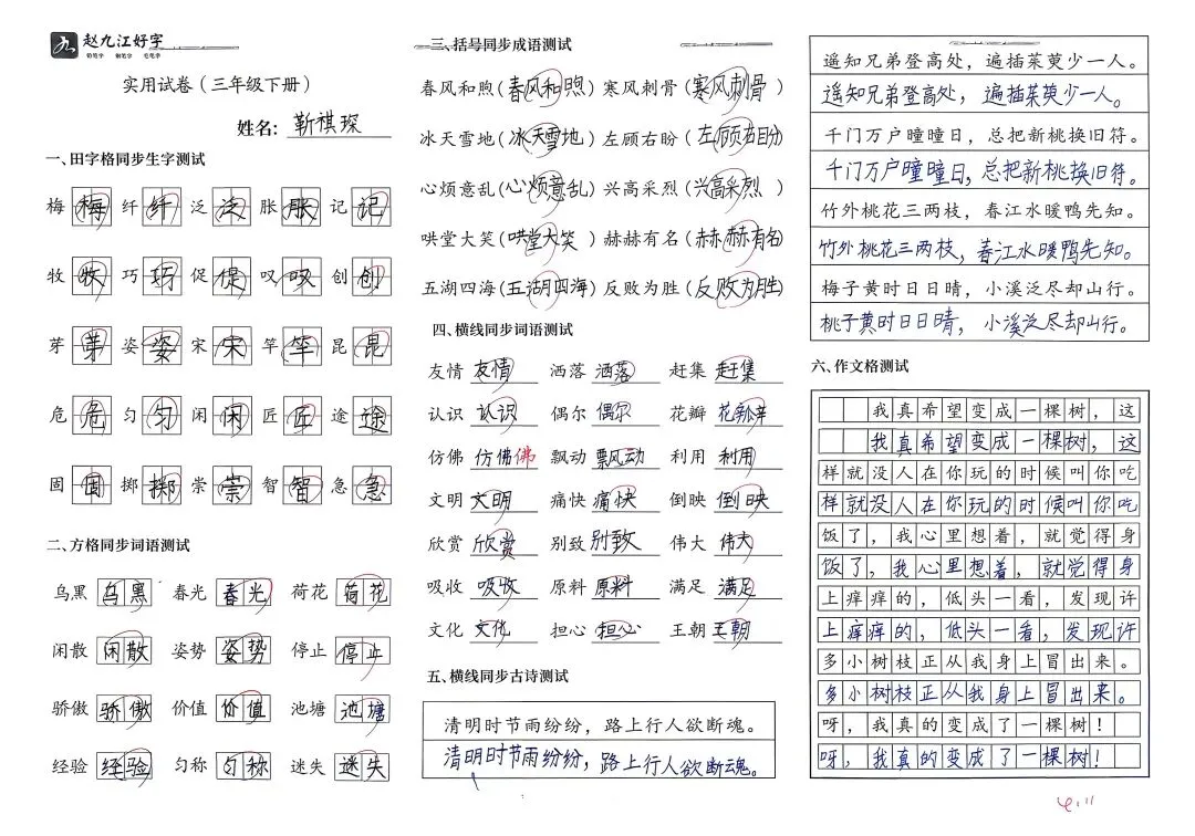 【赵九江好字】学员优秀实用试卷展示——二、三年级 第79张 【赵九江好字】学员优秀实用试卷展示——二、三年级 第79张