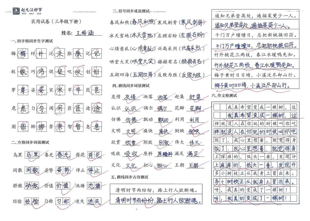 【赵九江好字】学员优秀实用试卷展示——二、三年级 第81张 【赵九江好字】学员优秀实用试卷展示——二、三年级 第81张