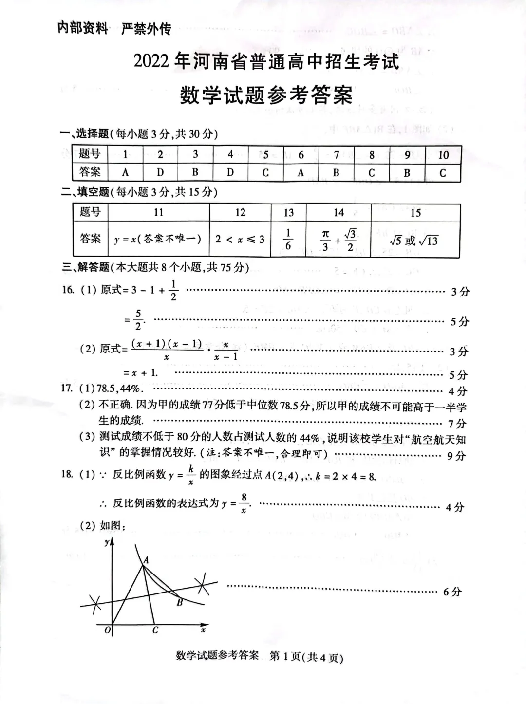 2022年河南省中考数学真题 (含答案)评分标准 第1张