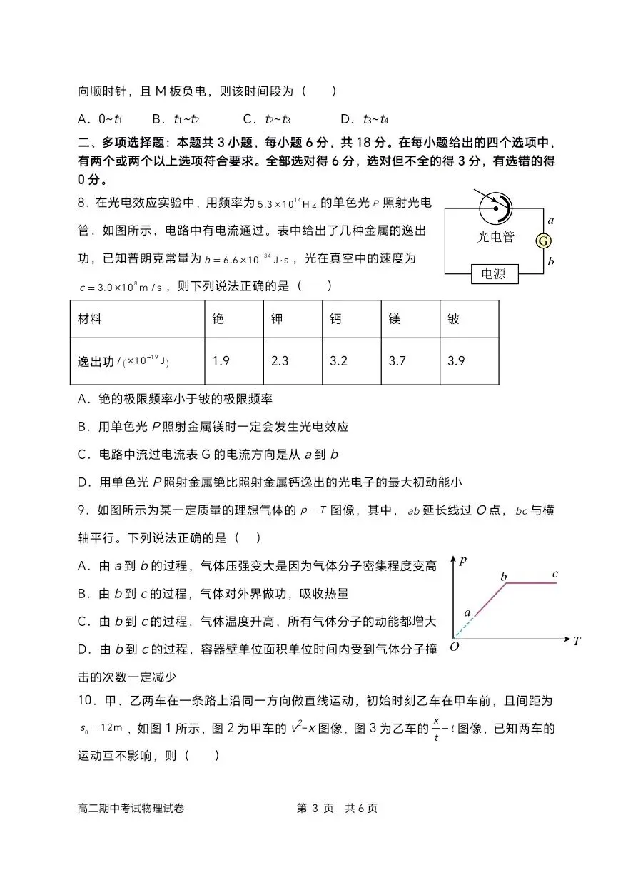 石家庄二中高二下学期物理期中试卷 第3张