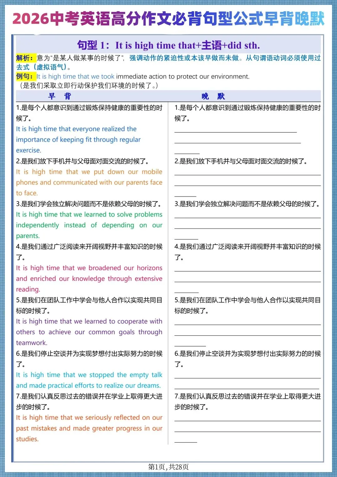 中考提分|2026中考英语高分作文必背句型公式(早背晚默共28天),电子版可打印! 第1张