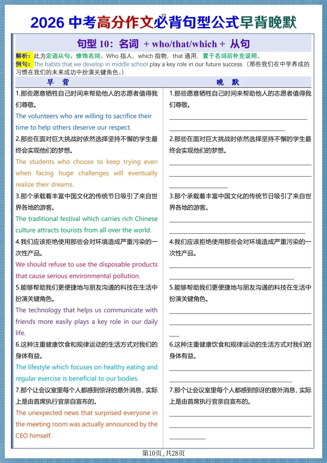 中考提分|2026中考英语高分作文必背句型公式(早背晚默共28天),电子版可打印! 第10张