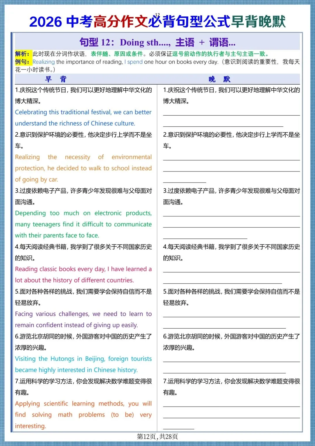 中考提分|2026中考英语高分作文必背句型公式(早背晚默共28天),电子版可打印! 第12张