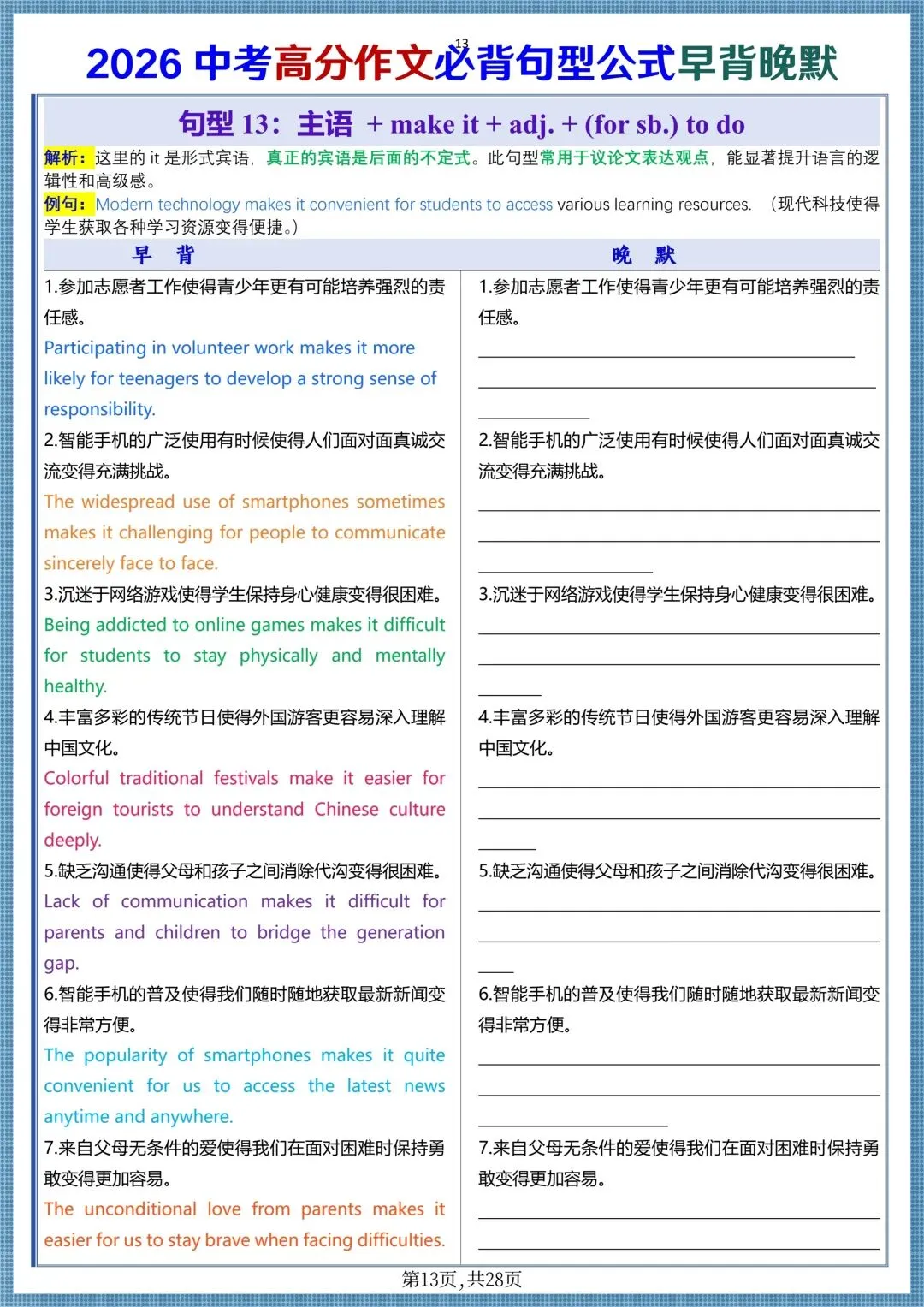 中考提分|2026中考英语高分作文必背句型公式(早背晚默共28天),电子版可打印! 第13张
