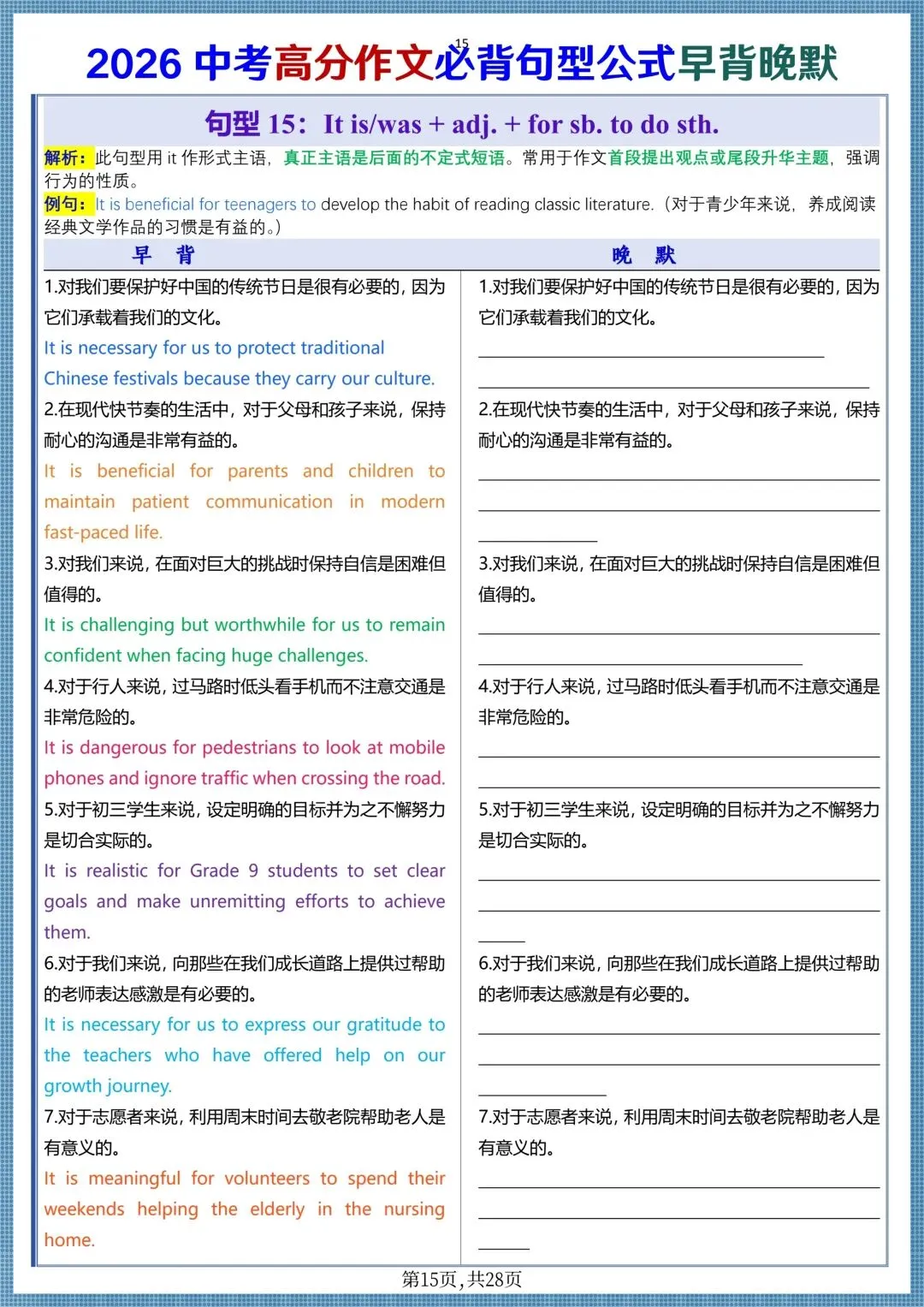 中考提分|2026中考英语高分作文必背句型公式(早背晚默共28天),电子版可打印! 第15张